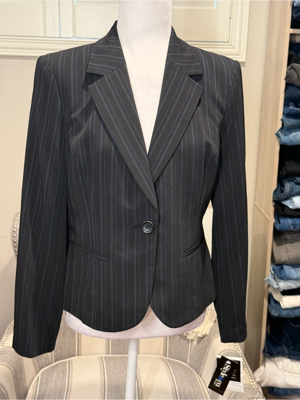 Style & Co. Black Pinstripe Single-Button Blazer